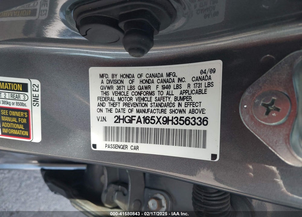 2009 HONDA CIVIC VIN: 2HGFA165X9H356336