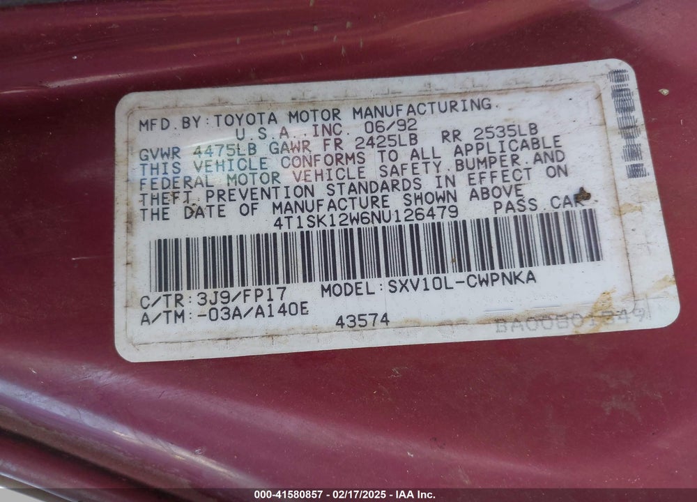 1992 TOYOTA CAMRY LE VIN: 4T1SK12W6NU126479