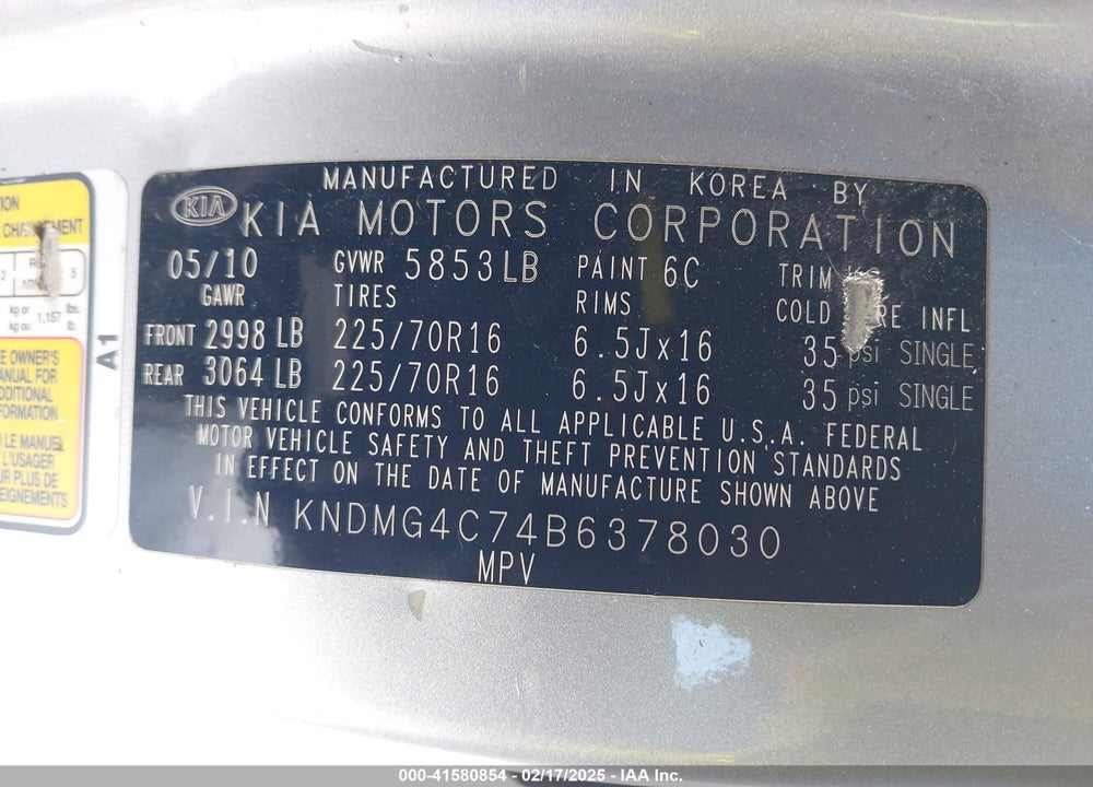 2011 KIA SEDONA LX VIN: KNDMG4C74B6378030