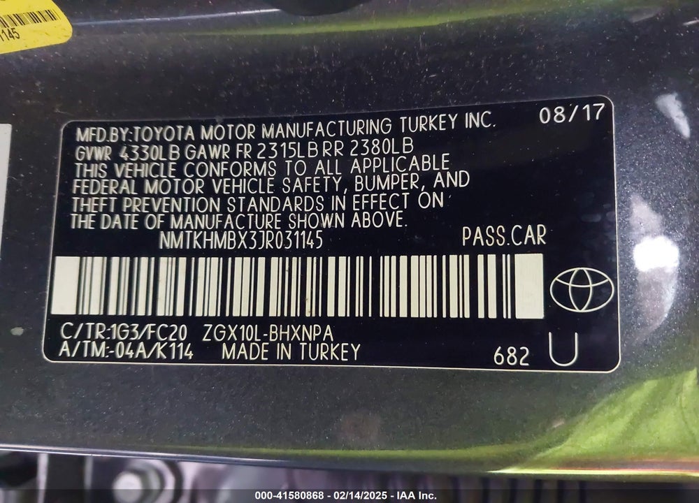 2018 TOYOTA C-HR XLE PREMIUM VIN: NMTKHMBX3JR031145