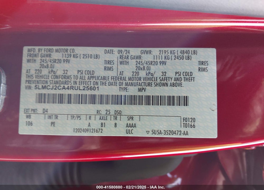 2024 LINCOLN CORSAIR VIN: 5LMCJ2CA4RUL25601