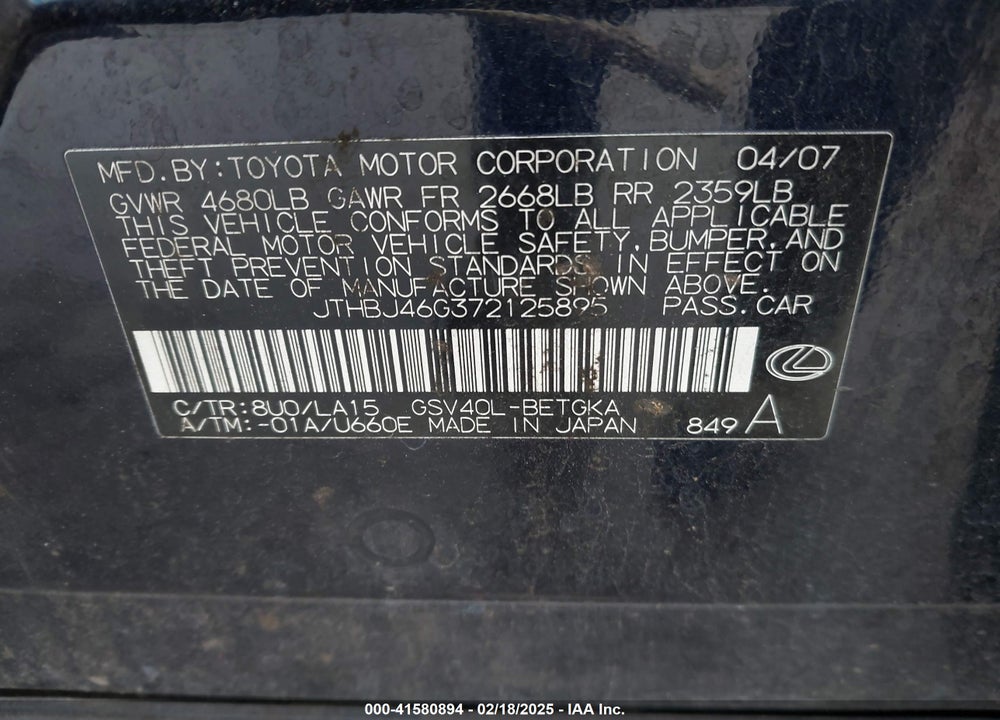 2007 LEXUS ES 350 VIN: JTHBJ46G372125895