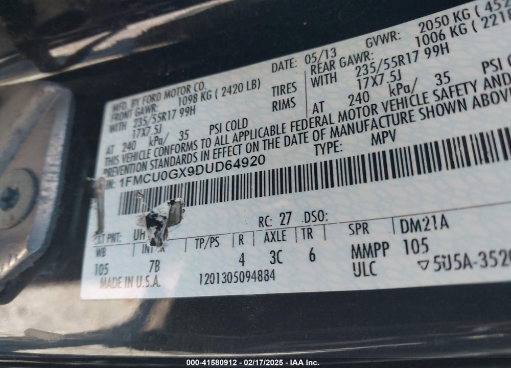 2013 FORD ESCAPE VIN: 1FMCU0GX9DUD64920