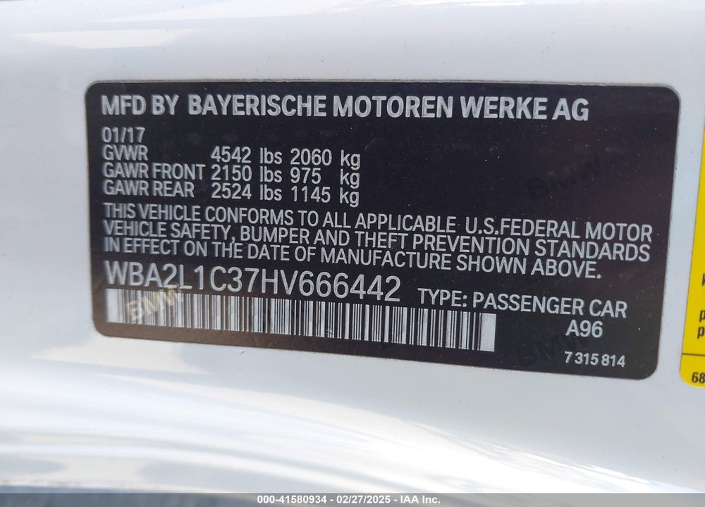 2017 BMW M240I VIN: WBA2L1C37HV666442