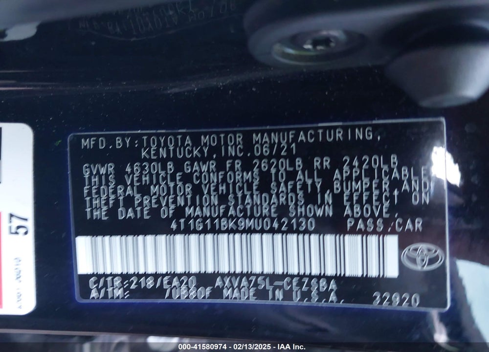 2021 TOYOTA CAMRY VIN: 4T1G11BK9MU042130