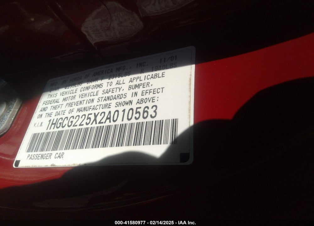 2002 HONDA ACCORD 3.0 EX VIN: 1HGCG225X2A010563