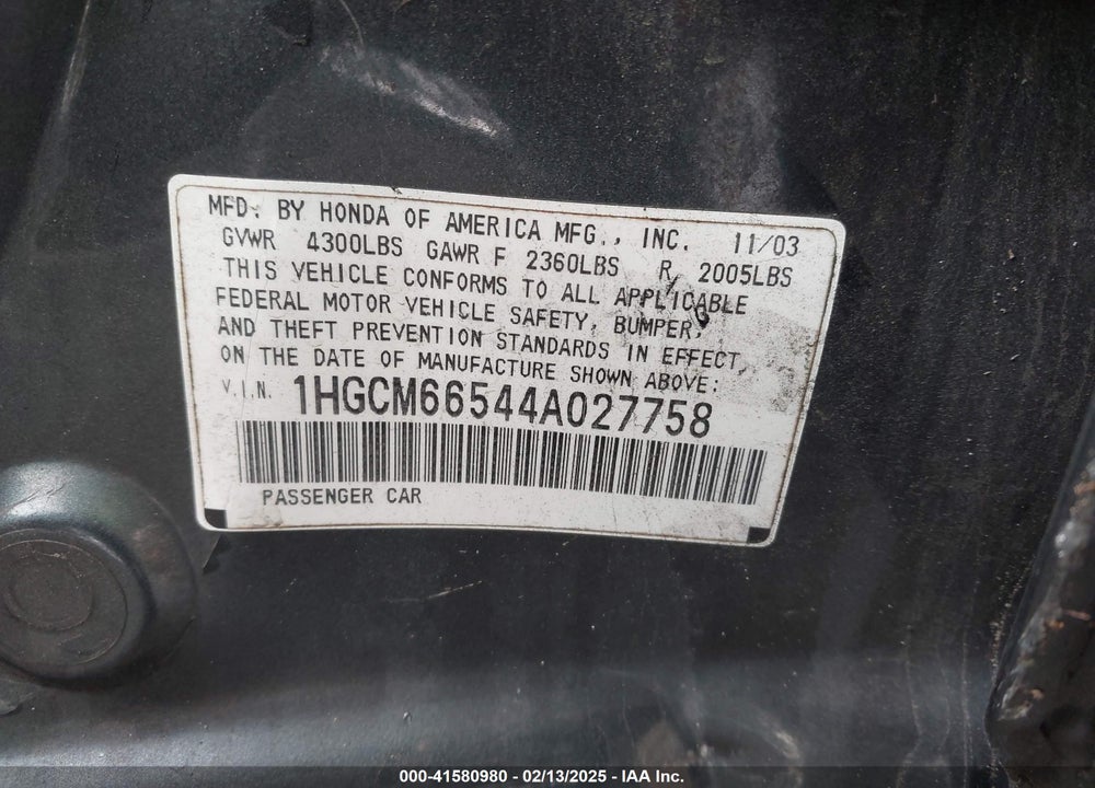2004 HONDA ACCORD 3.0 EX VIN: 1HGCM66544A027758