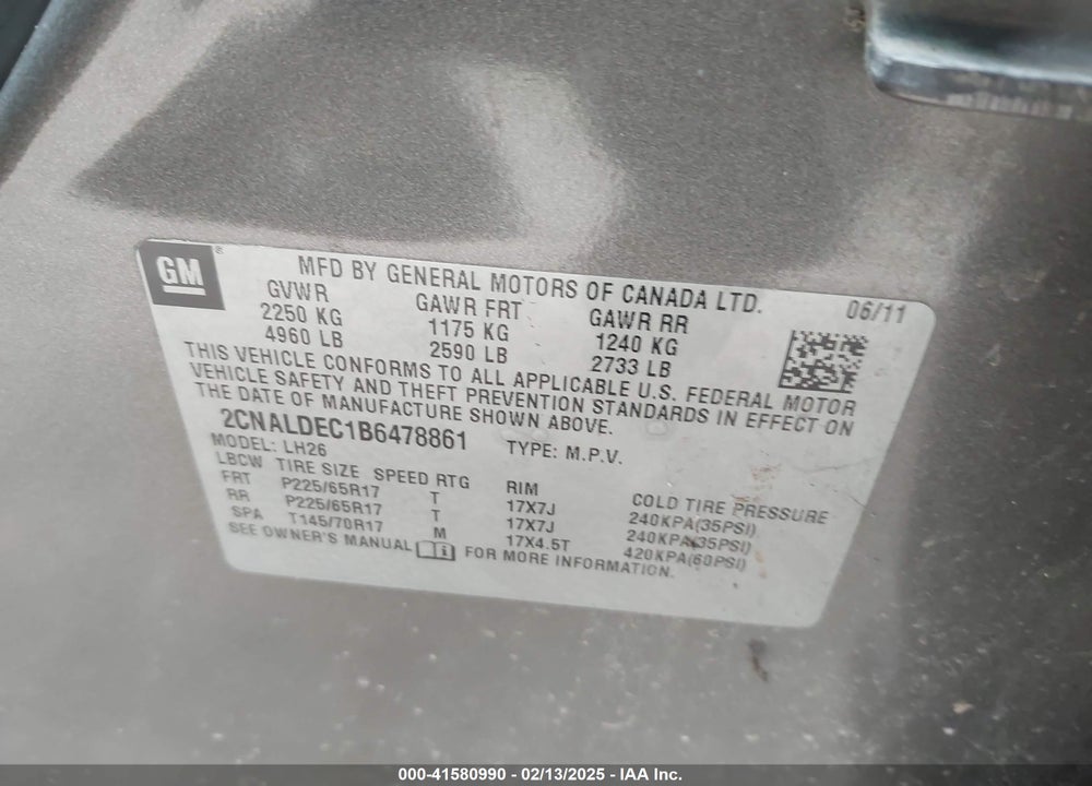 2011 CHEVROLET EQUINOX 1LT VIN: 2CNALDEC1B6478861