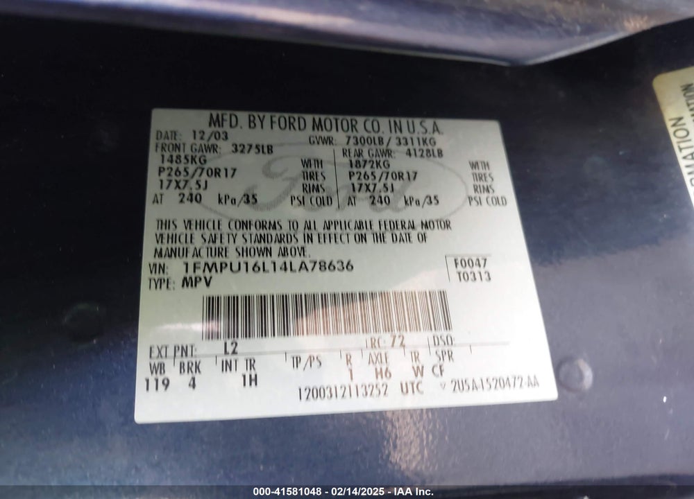 2004 FORD EXPEDITION NBX/XLT VIN: 1FMPU16L14LA78636