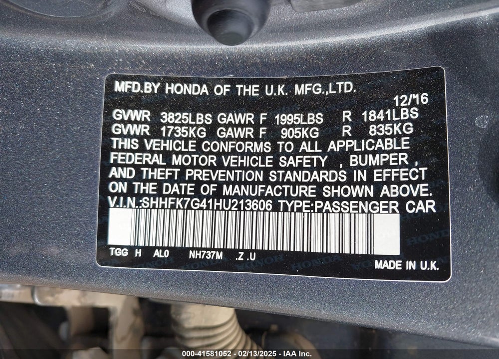 2017 HONDA CIVIC VIN: SHHFK7G41HU213606