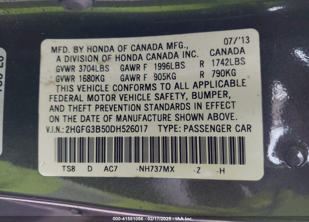 2013 HONDA CIVIC LX VIN: 2HGFG3B50DH526017
