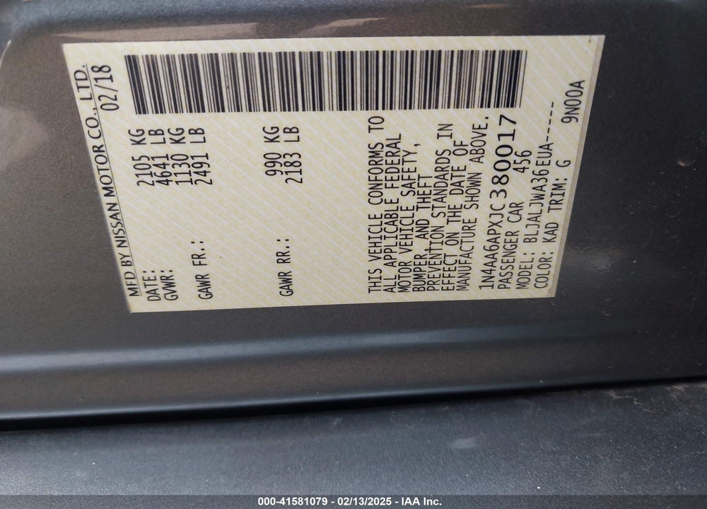 2018 NISSAN MAXIMA VIN: 1N4AA6APXJC380017