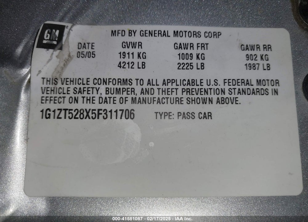 2005 CHEVROLET MALIBU LS VIN: 1G1ZT528X5F311706