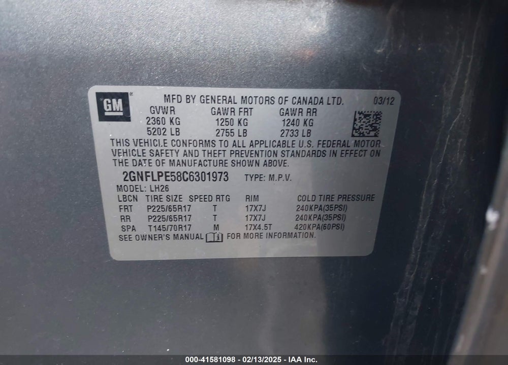 2012 CHEVROLET EQUINOX VIN: 2GNFLPE58C6301973