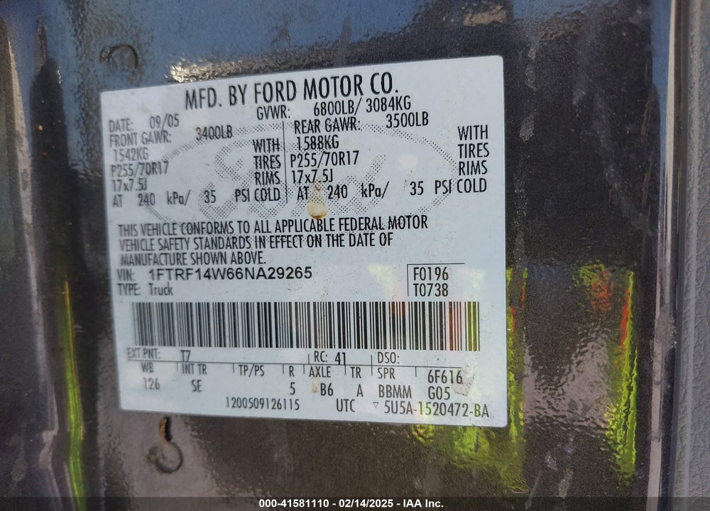 2006 FORD F-150 STX/XL/XLT VIN: 1FTRF14W66NA29265