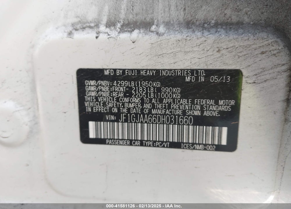 2013 SUBARU IMPREZA VIN: JF1GJAA66DH031660