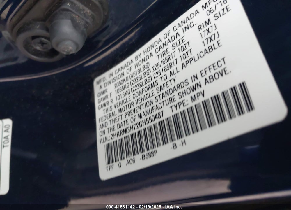 2016 HONDA CR-V EX-L VIN: 2HKRM3H72GH550487