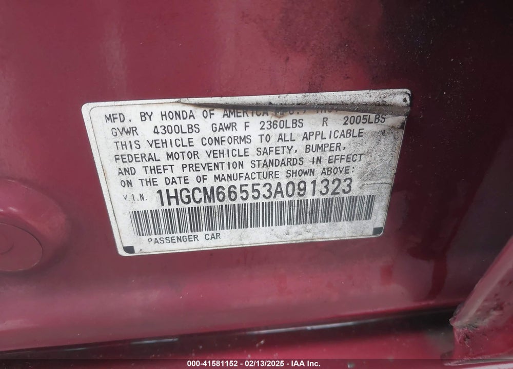 2003 HONDA ACCORD 3.0 EX VIN: 1HGCM66553A091323