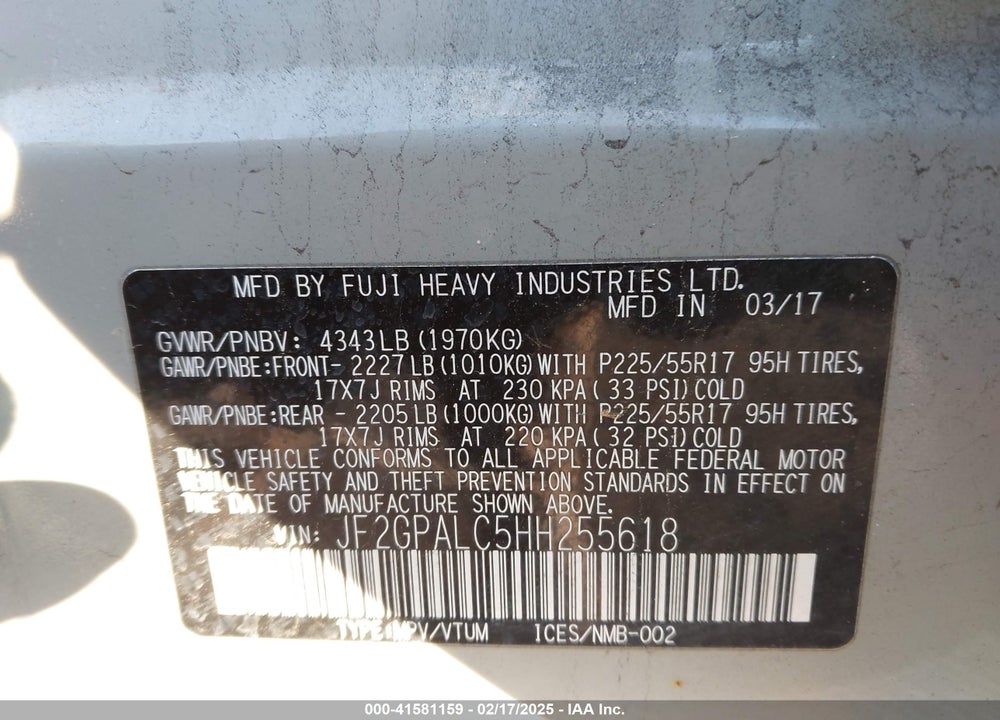 2017 SUBARU CROSSTREK 2.0I LIMITED VIN: JF2GPALC5HH255618