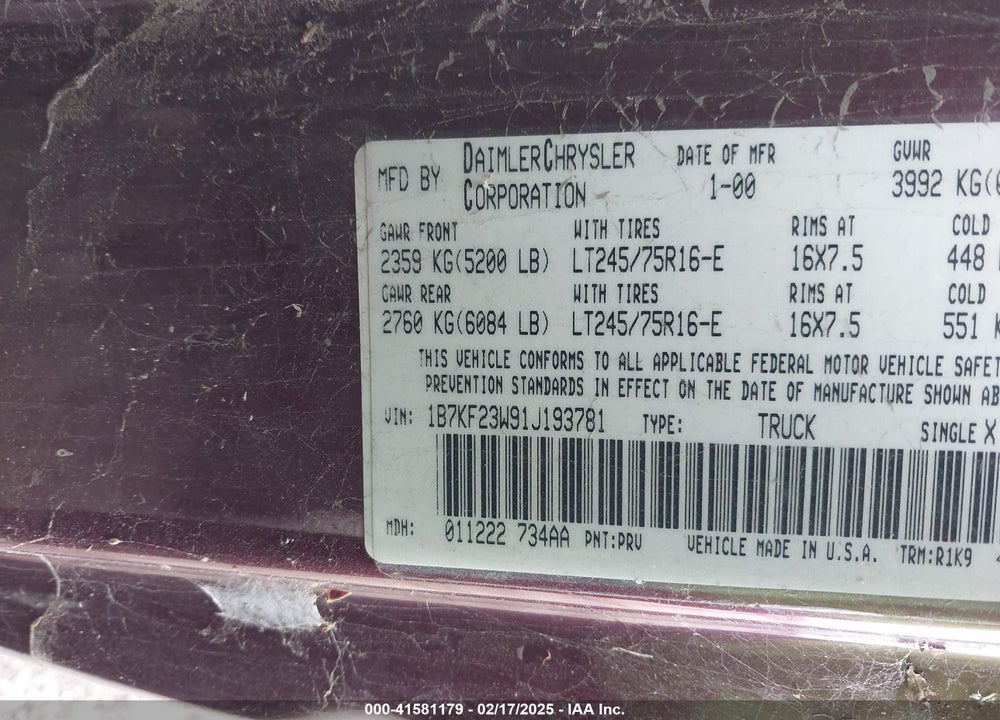 2001 DODGE RAM 2500 ST VIN: 1B7KF23W91J193781