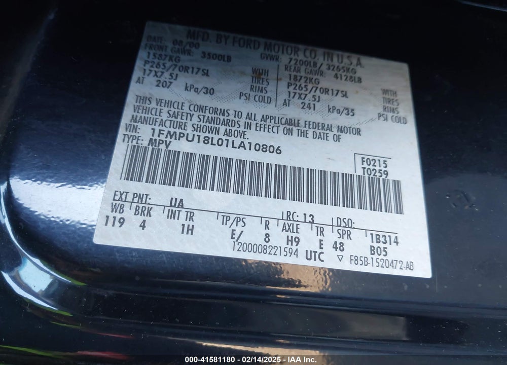 2001 FORD EXPEDITION EDDIE BAUER VIN: 1FMPU18L01LA10806