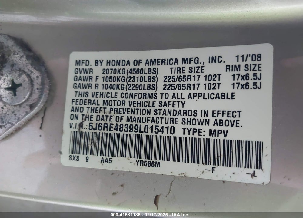 2009 HONDA CR-V LX VIN: 5J6RE48399L015410