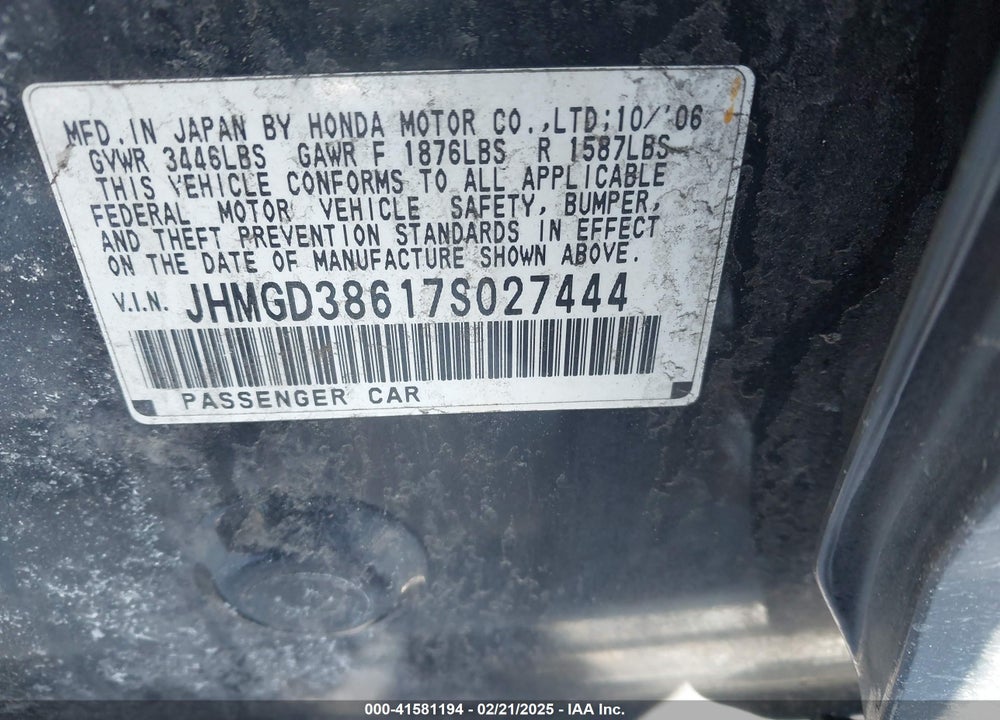 2007 HONDA FIT VIN: JHMGD38617S027444