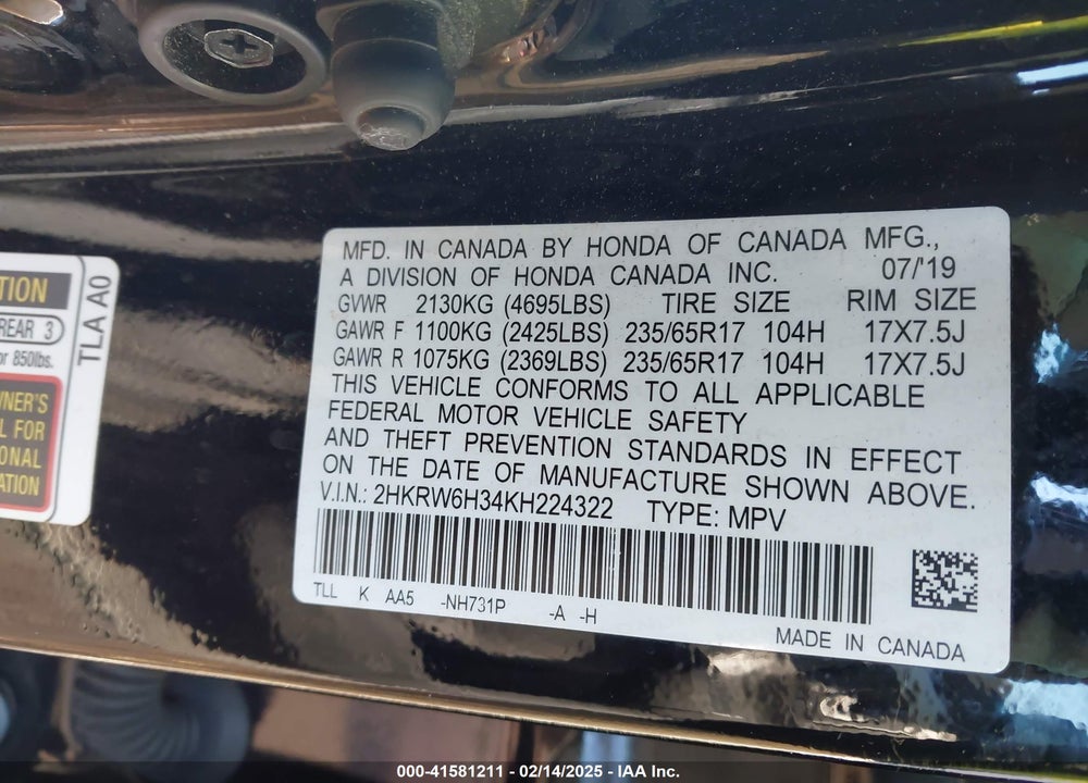 2019 HONDA CR-V LX VIN: 2HKRW6H34KH224322