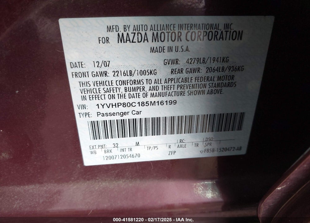 2008 MAZDA MAZDA6 VIN: 1YVHP80C185M16199