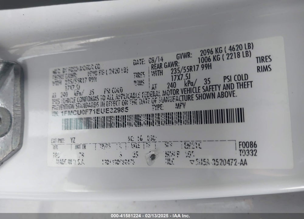 2014 FORD ESCAPE S VIN: 1FMCU0F71EUE32985