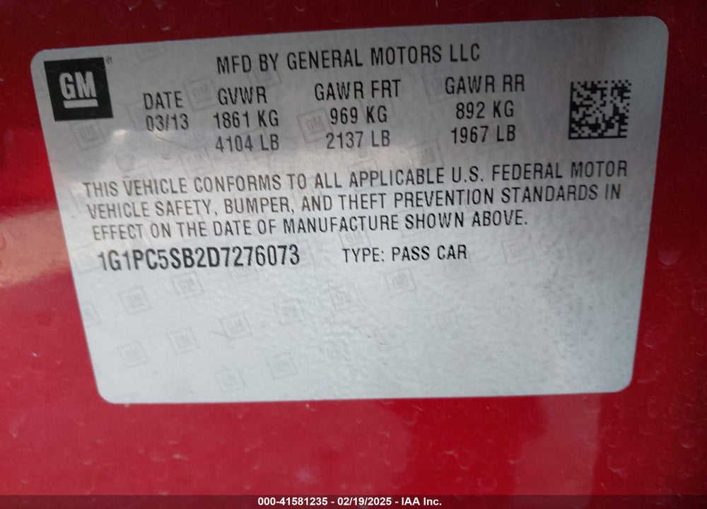2013 CHEVROLET CRUZE VIN: 1G1PC5SB2D7276073
