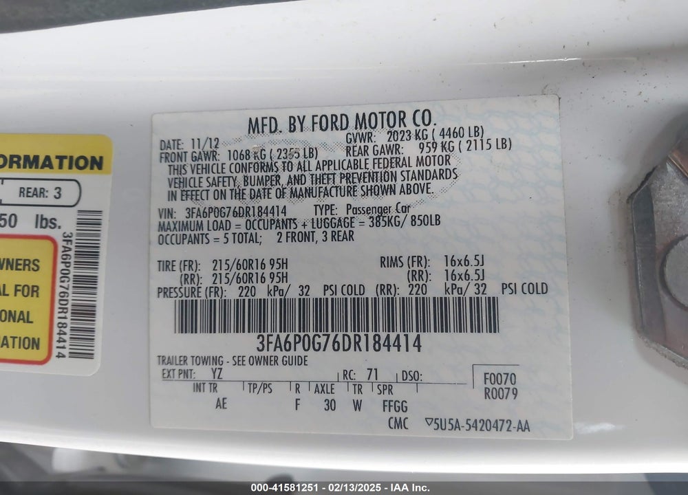 2013 FORD FUSION VIN: 3FA6P0G76DR184414
