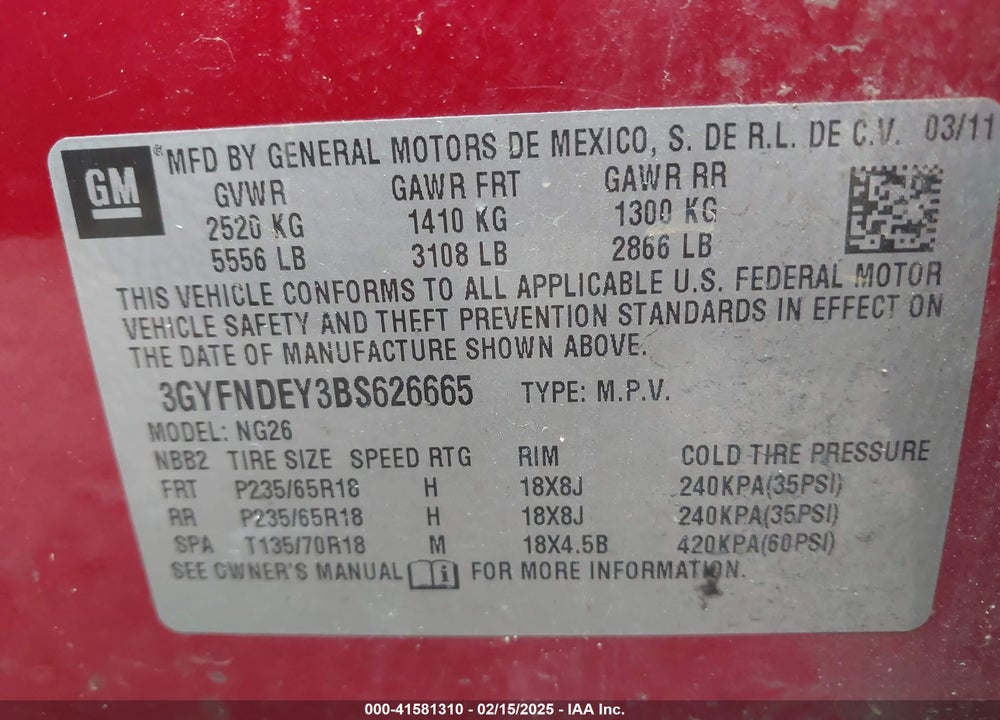 2011 CADILLAC SRX VIN: 3GYFNDEY3BS626665