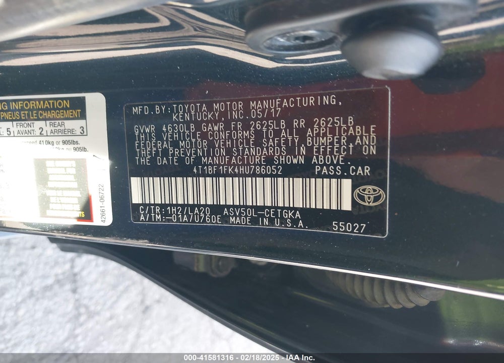 2017 TOYOTA CAMRY VIN: 4T1BF1FK4HU786052