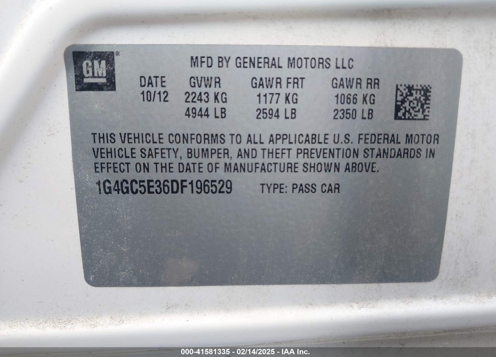 2013 BUICK LACROSSE VIN: 1G4GC5E36DF196529