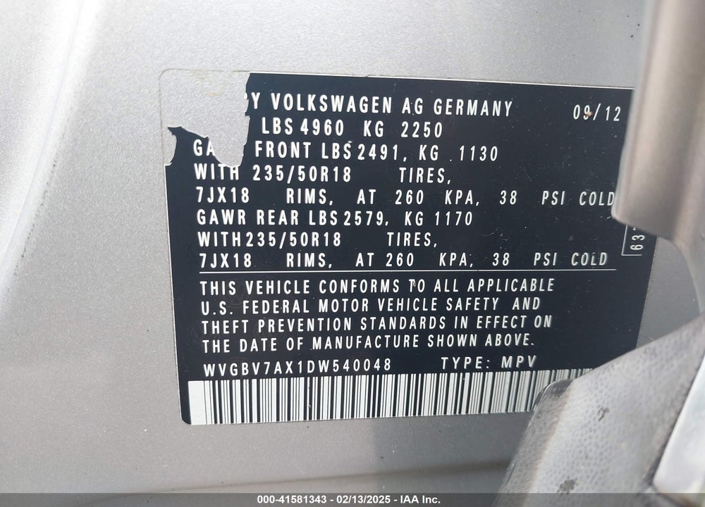 2013 VOLKSWAGEN TIGUAN SE VIN: WVGBV7AX1DW540048