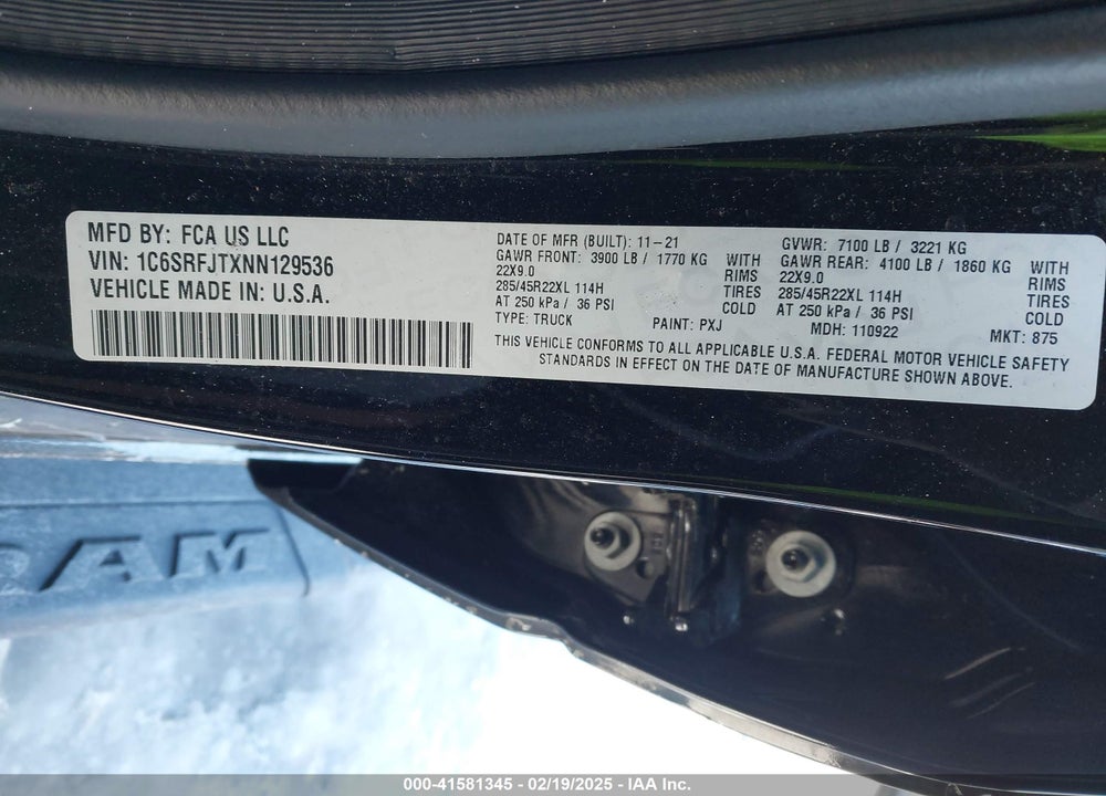 2022 RAM 1500 VIN: 1C6SRFJTXNN129536