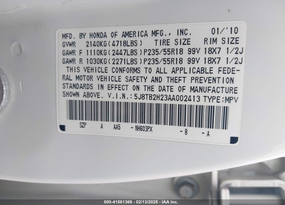 2010 ACURA RDX VIN: 5J8TB2H23AA002413