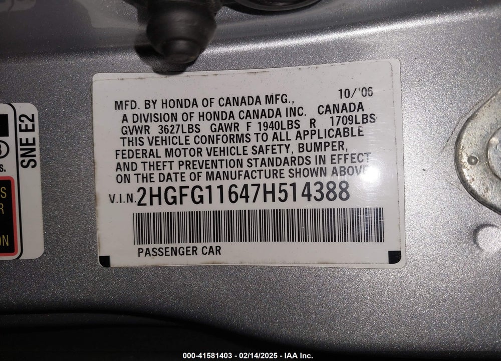 2007 HONDA CIVIC LX VIN: 2HGFG11647H514388