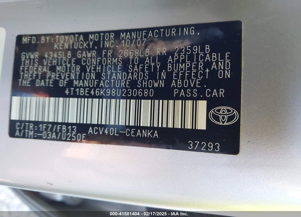 2008 TOYOTA CAMRY VIN: 4T1BE46K98U230680