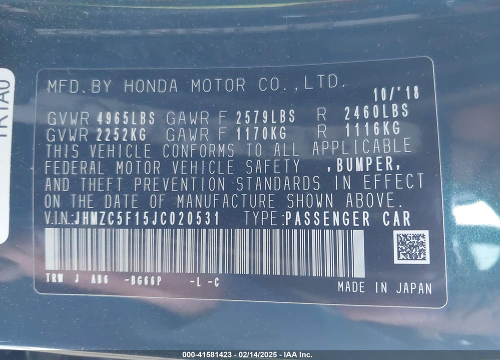 2018 HONDA CLARITY PLUG-IN HYBRID VIN: JHMZC5F15JC020531