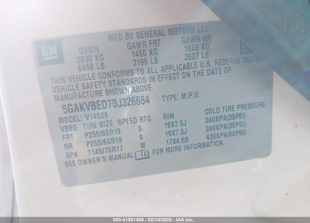 2011 BUICK ENCLAVE 1XL VIN: 5GAKVBED7BJ326684