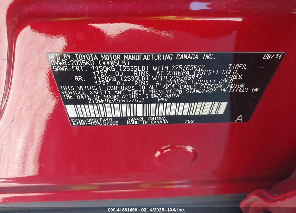 2014 TOYOTA RAV4 XLE VIN: 2T3WFREV3EW127667