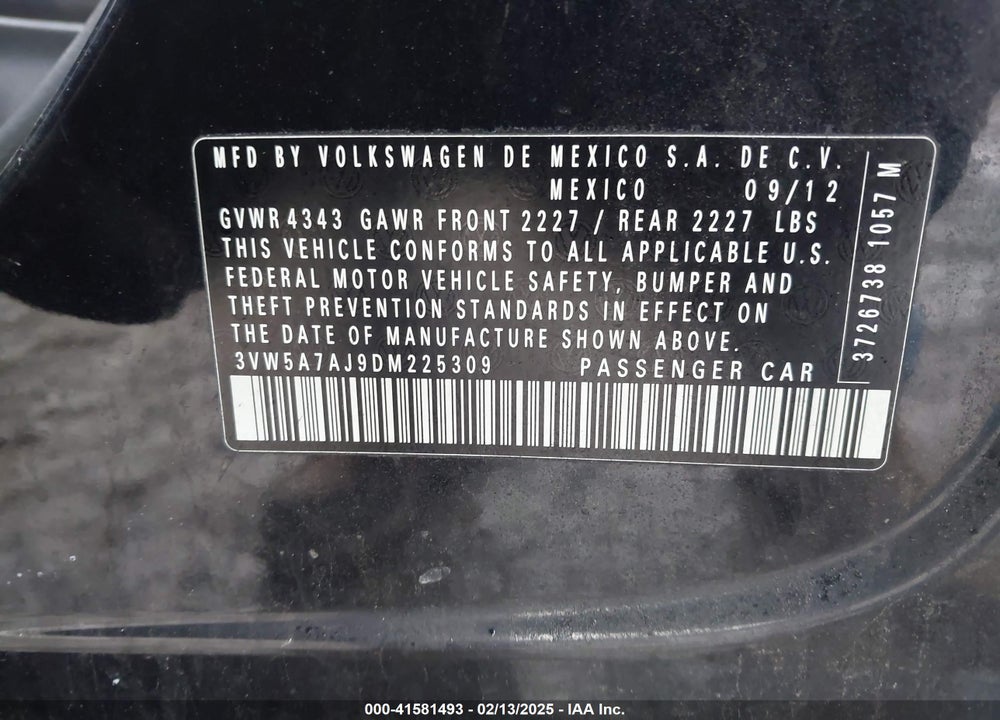 2013 VOLKSWAGEN JETTA VIN: 3VW5A7AJ9DM225309