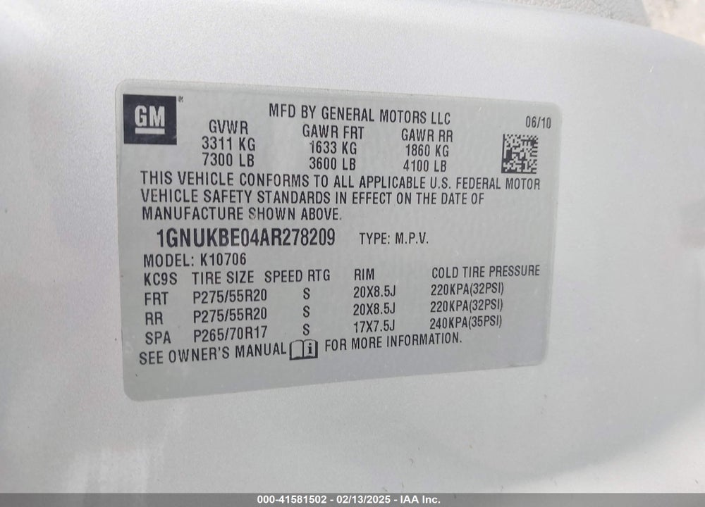 2010 CHEVROLET TAHOE LT VIN: 1GNUKBE04AR278209
