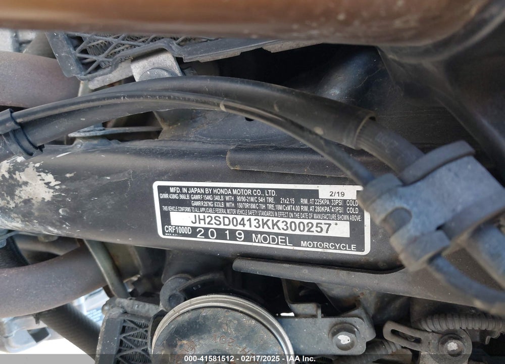 2019 HONDA CRF1000 D VIN: JH2SD0413KK300257