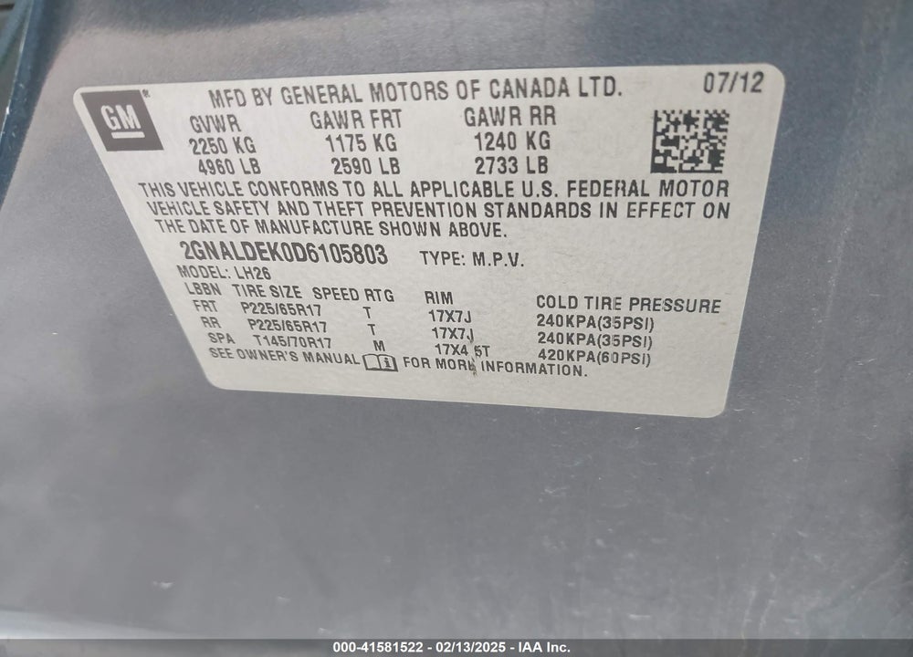 2013 CHEVROLET EQUINOX 1LT VIN: 2GNALDEK0D6105803