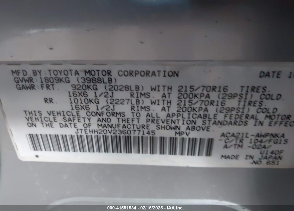 2003 TOYOTA RAV4 VIN: JTEHH20V236077145
