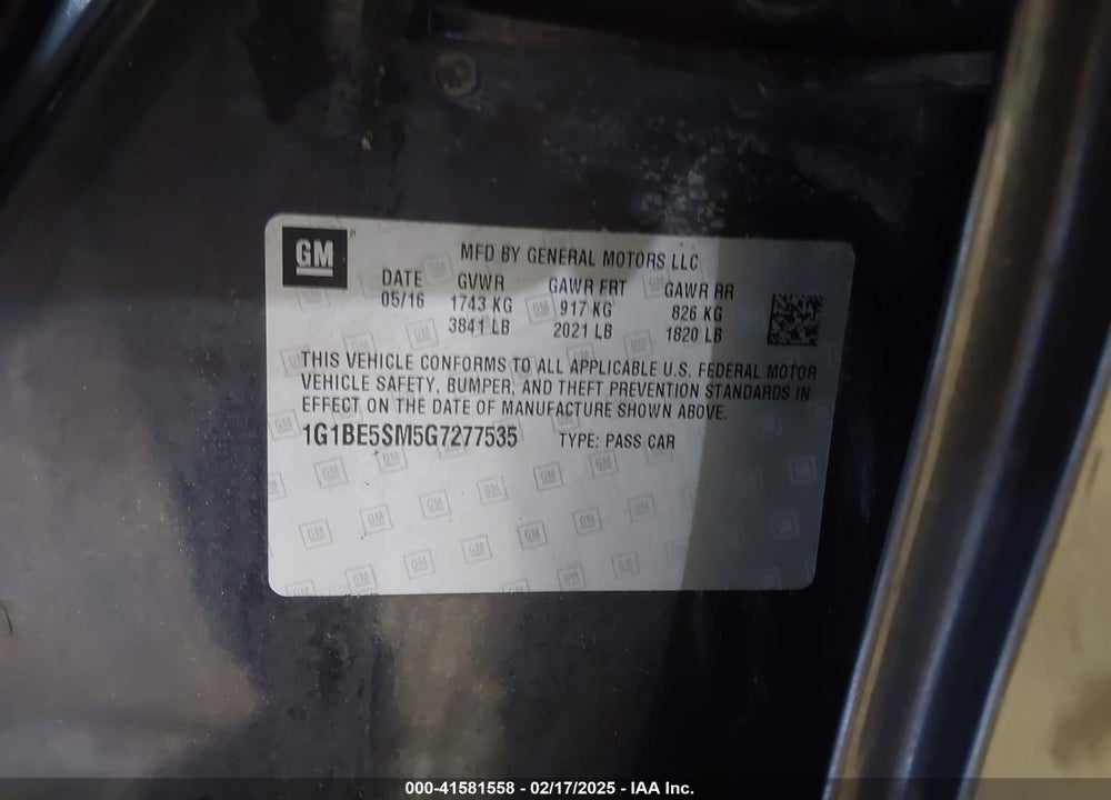 2016 CHEVROLET CRUZE VIN: 1G1BE5SM5G7277535