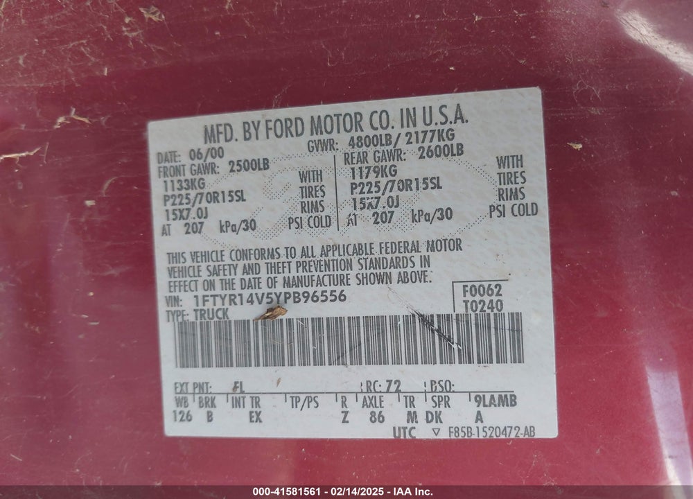 2000 FORD RANGER XL/XLT VIN: 1FTYR14V5YPB96556